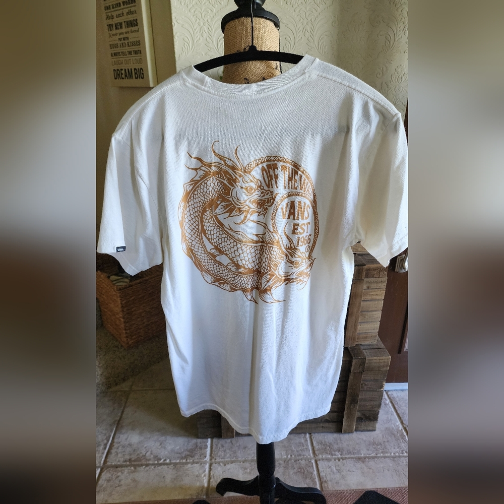 Mens Vans White Short Sleeve Tee with Tan Dragon Graphic